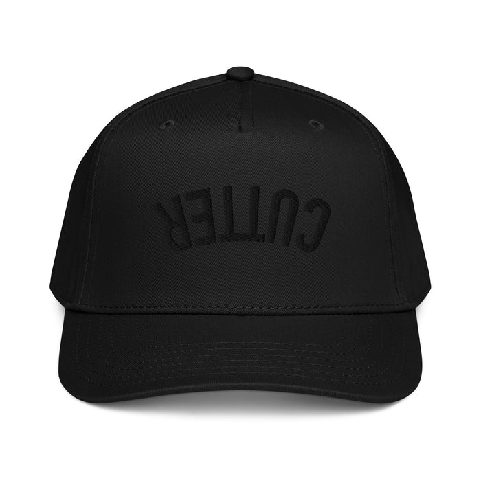 Black Cutternation Upside Down CUTTER 3D puff embroidered baseball hat, front view