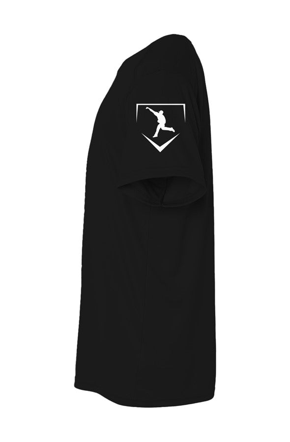 White 2-inch Cutternation Home Plate pitcher logo printed only on the left sleeve of a black youth performance shirt.