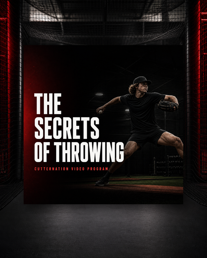 The Secrets of Throwing at Cutternation — Cutternation 4:5 product hero in a black and red indoor baseball training facility